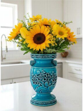 Vintage Japanese Reubens Ceramic Vase With Floral Motif Blue Glaze 7" Tall Mid-C
